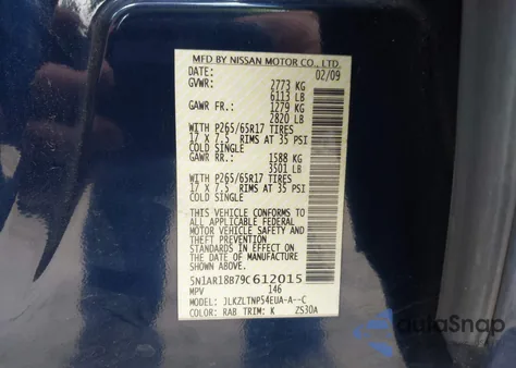 2009 Nissan Pathfinder Se из США, поврежденный, VIN 5N1AR18B79C612015